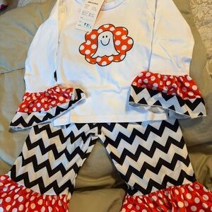 White and Black Chevron Ghost Outfit with ruffle pants and white  Polka Dots.